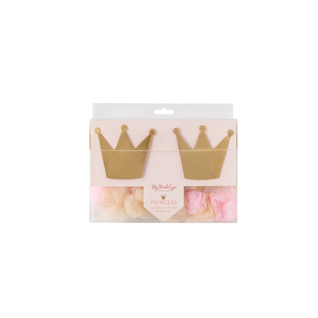 Pink and gold princess crown and pom pom tulle banner princess party theme from Parte Haus party supply store in Bethesda MD