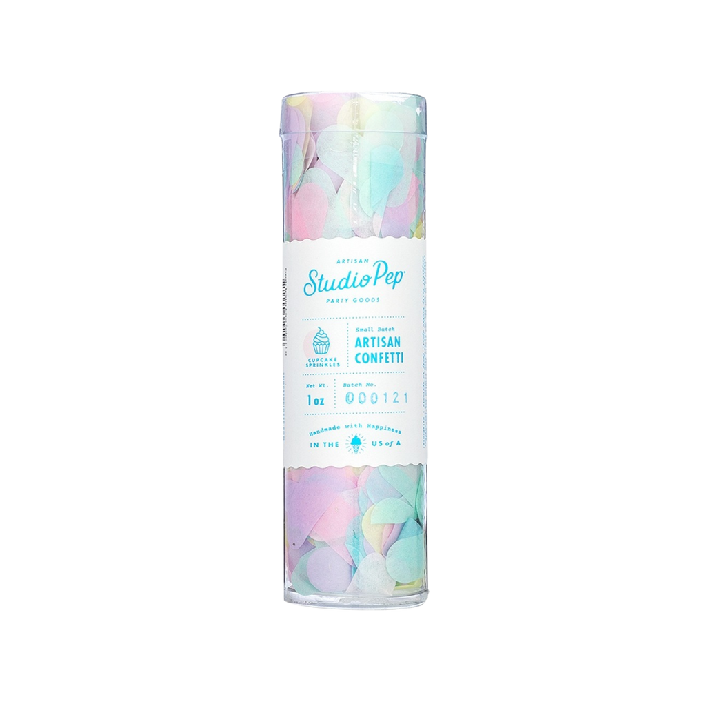 Pink and yellow cupcake sprinkles confetti in clear tube for birthday from Parte Haus party supply store in Bethesda MD