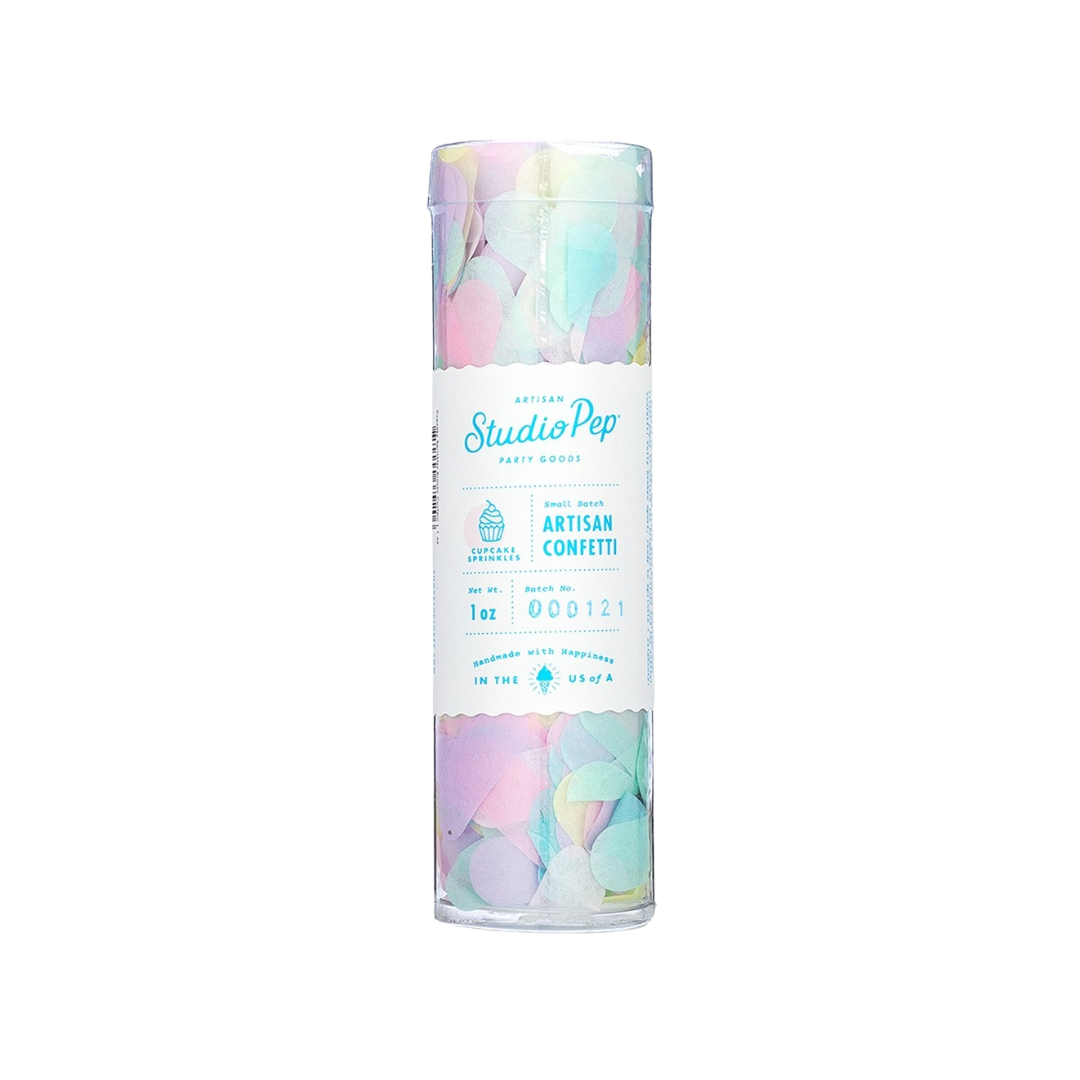 Pink and yellow cupcake sprinkles confetti in clear tube for birthday from Parte Haus party supply store in Bethesda MD