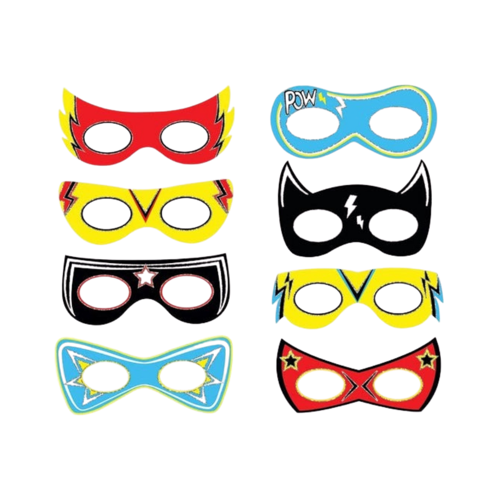 Red yellow blue and black superhero masks for kids birthday from Parte Haus party supply store in Bethesda Maryland