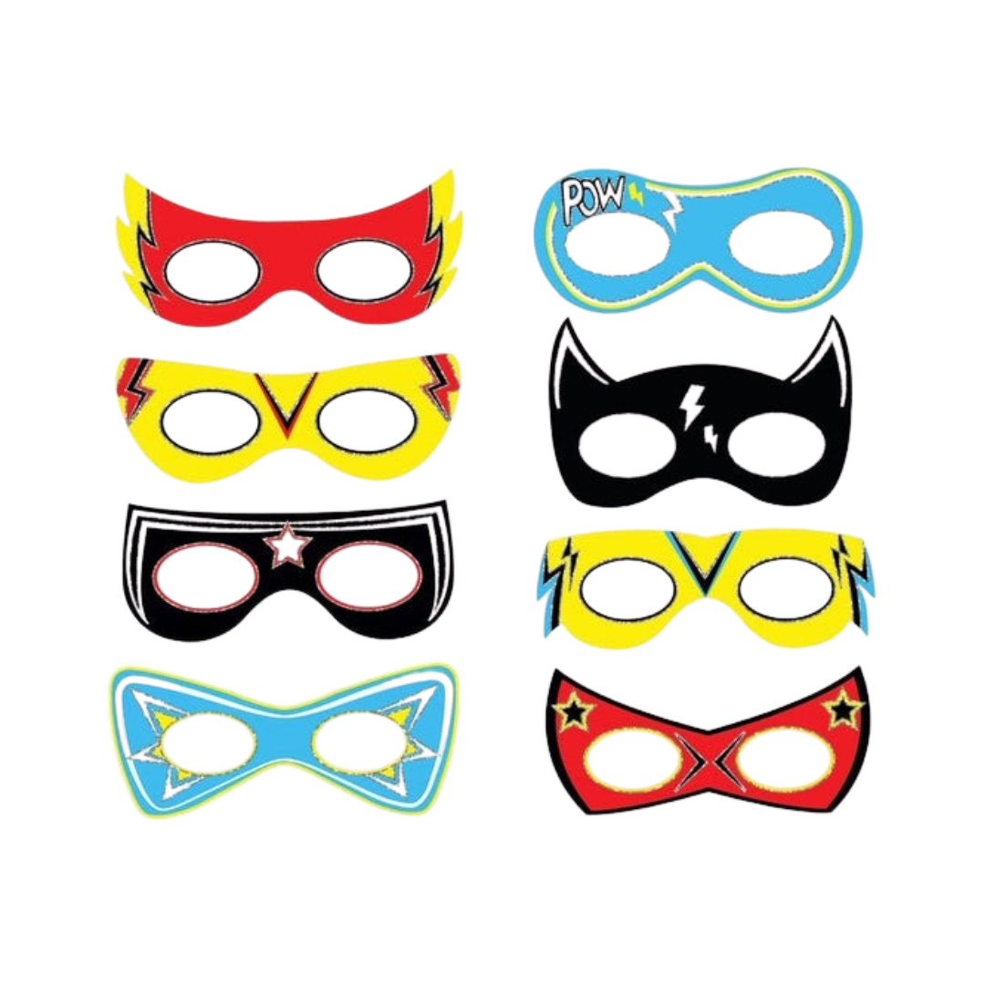Red yellow blue and black superhero masks for kids birthday from Parte Haus party supply store in Bethesda Maryland