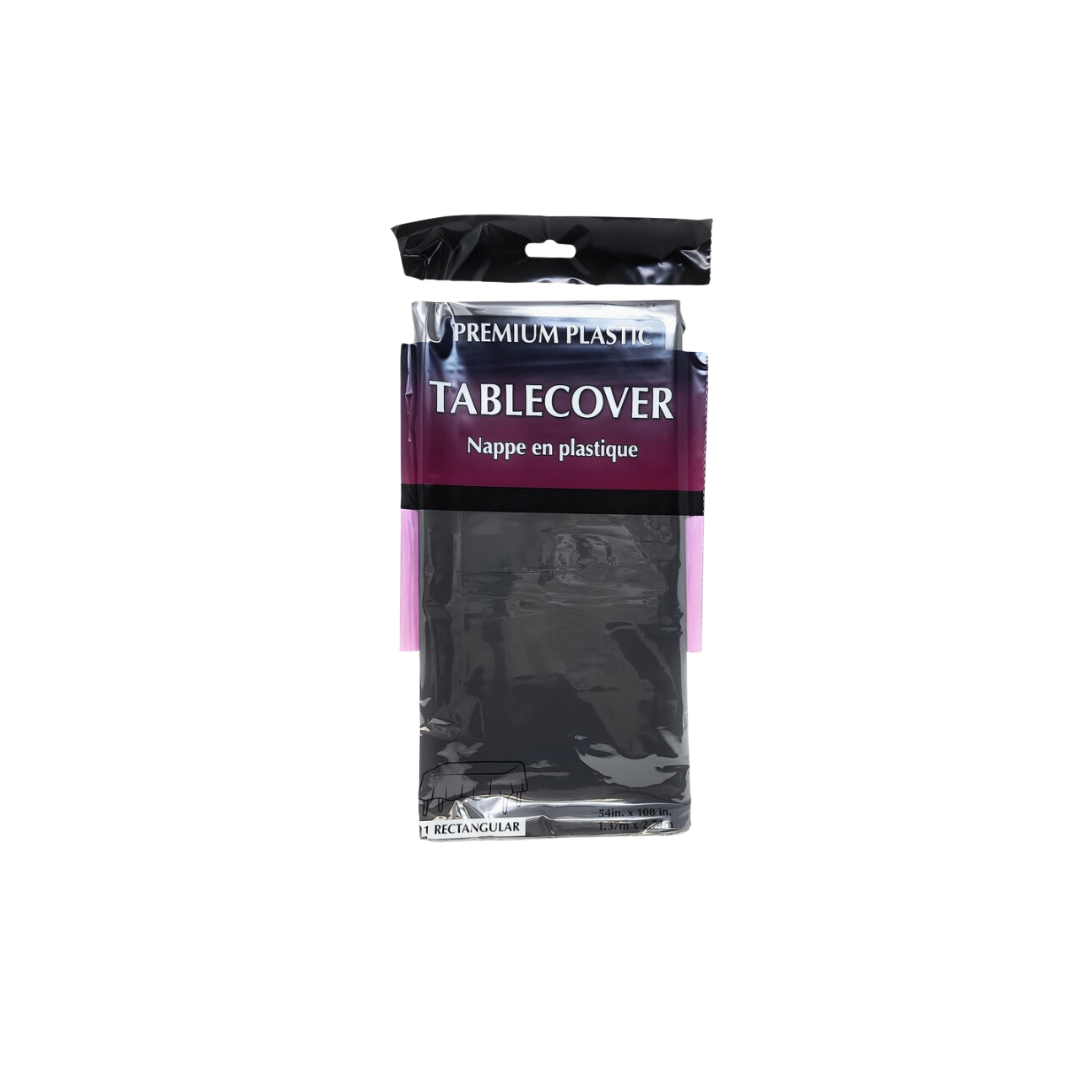 Black plastic table cover in retail packaging for any event from Parte Haus party supply store in Bethesda MD