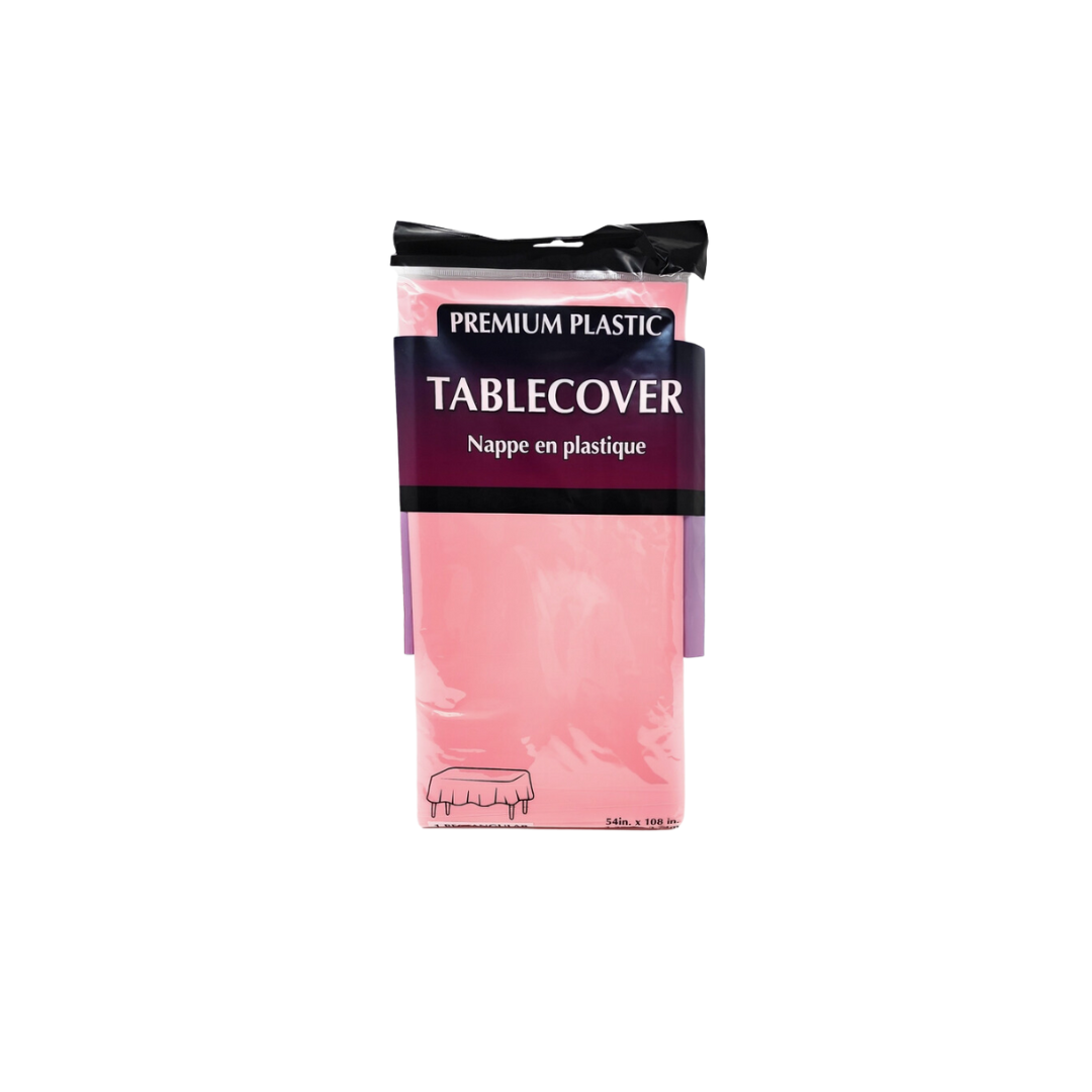 Pink plastic table cover in clear packaging for birthday or celebration from Parte Haus party supply store in Bethesda Maryland