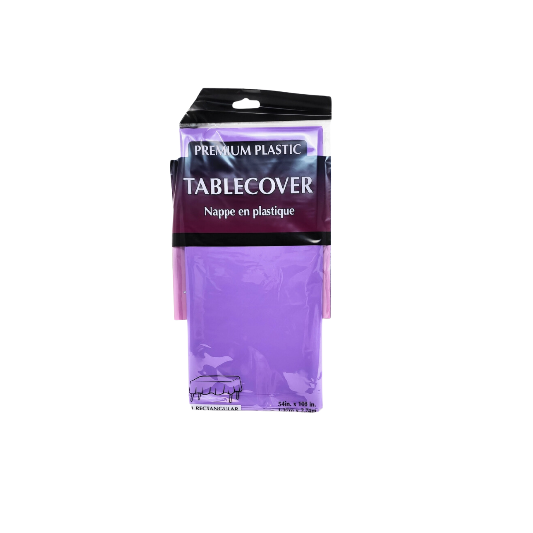 Purple plastic table cover in packaging for birthdays or events from Parte Haus party supply store in Bethesda Maryland