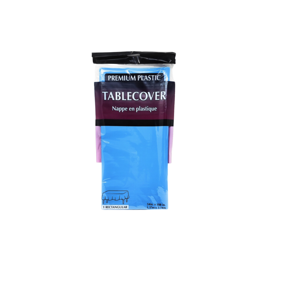 Turquoise plastic table cover in clear packaging for birthday or celebration from Parte Haus party supply store in Bethesda MD