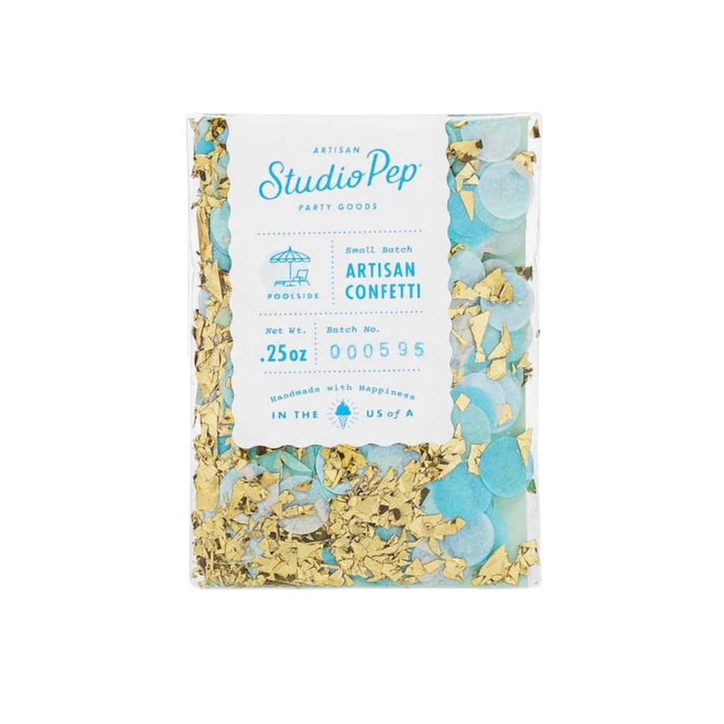 Blue and gold confetti pack poolside theme from Parte Haus party supply store in Bethesda Maryland