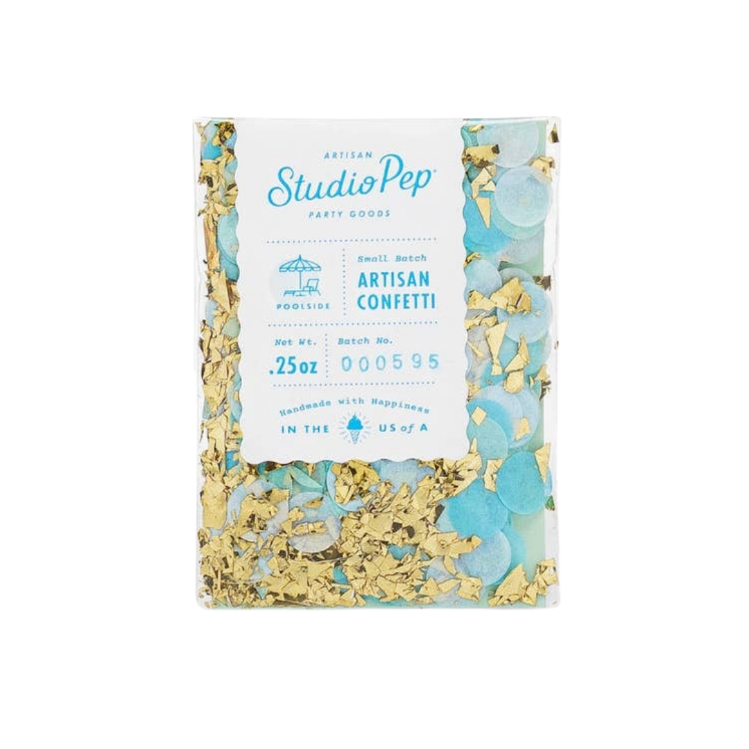 Blue and gold confetti pack poolside theme from Parte Haus party supply store in Bethesda Maryland