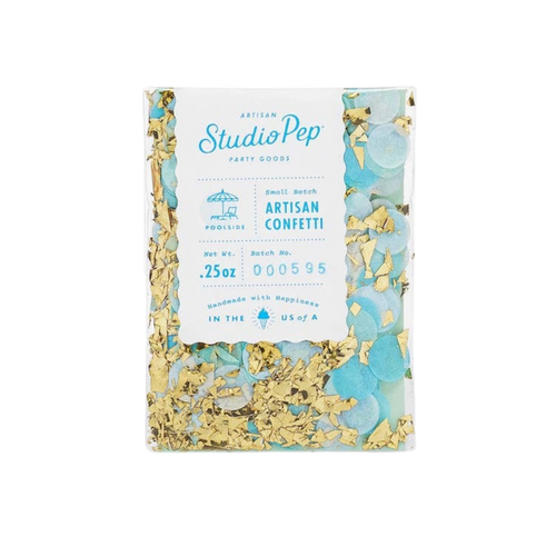 Blue and gold confetti pack poolside theme from Parte Haus party supply store in Bethesda Maryland