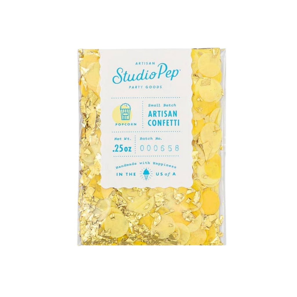 Yellow artisan confetti mini pack with gold circles popcorn theme from Parte Haus party supply store in Bethesda MD.