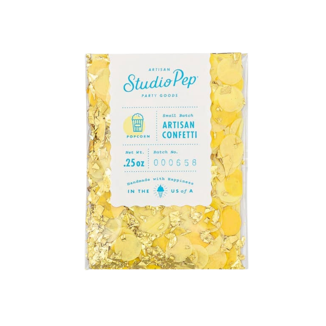 Yellow artisan confetti mini pack with gold circles popcorn theme from Parte Haus party supply store in Bethesda MD.