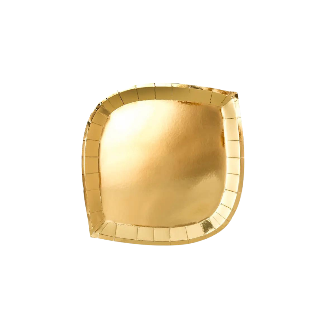 Gold dessert plate with square curved design for celebrations from Parte Haus party supply store in Bethesda MD