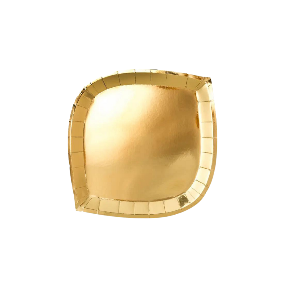 Gold dinner plate with a modern square shape elegant event decor from Parte Haus party supply store in Bethesda Maryland