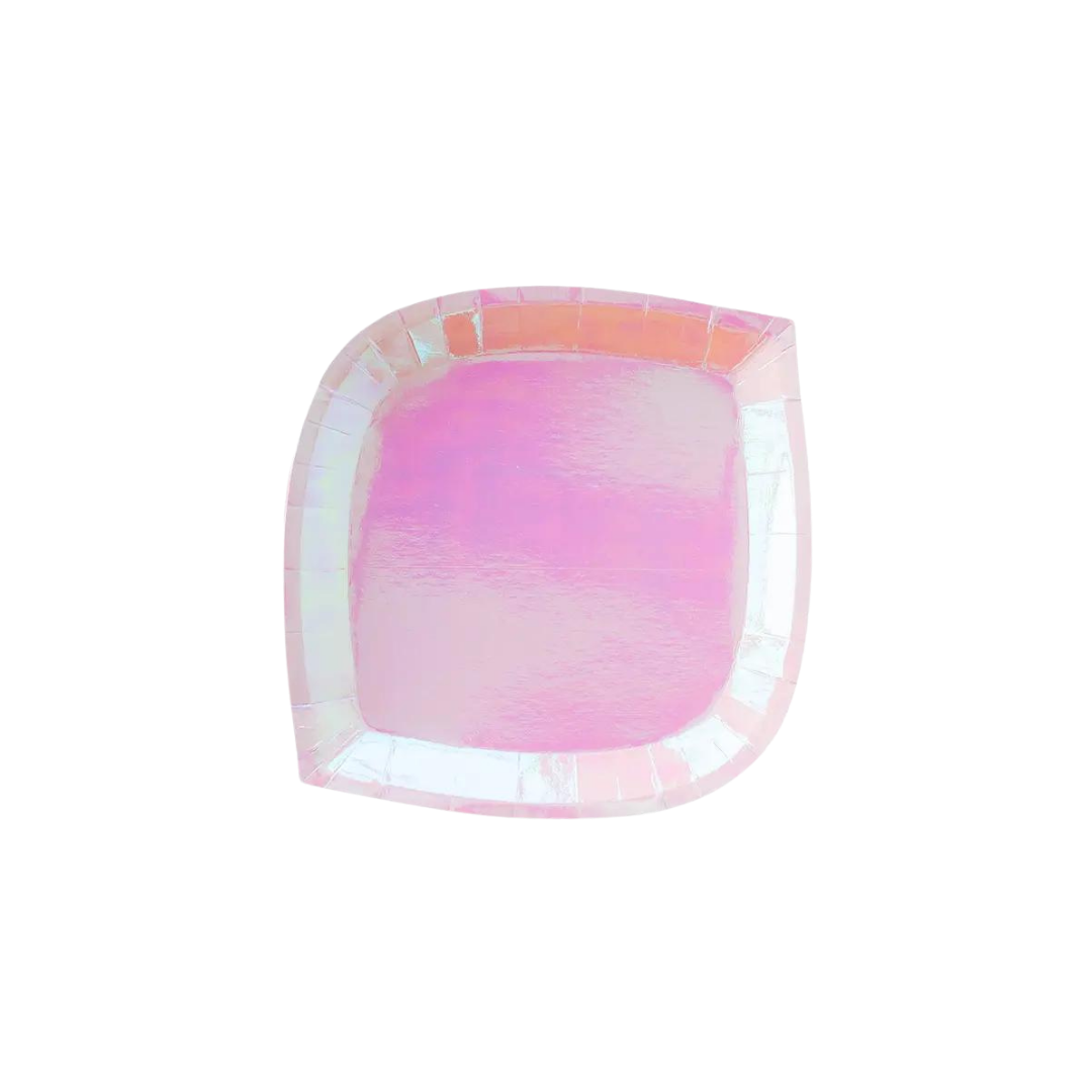 Peach pink square dinner plate with iridescent finish for celebrations from Parte Haus party supply store in Bethesda MD