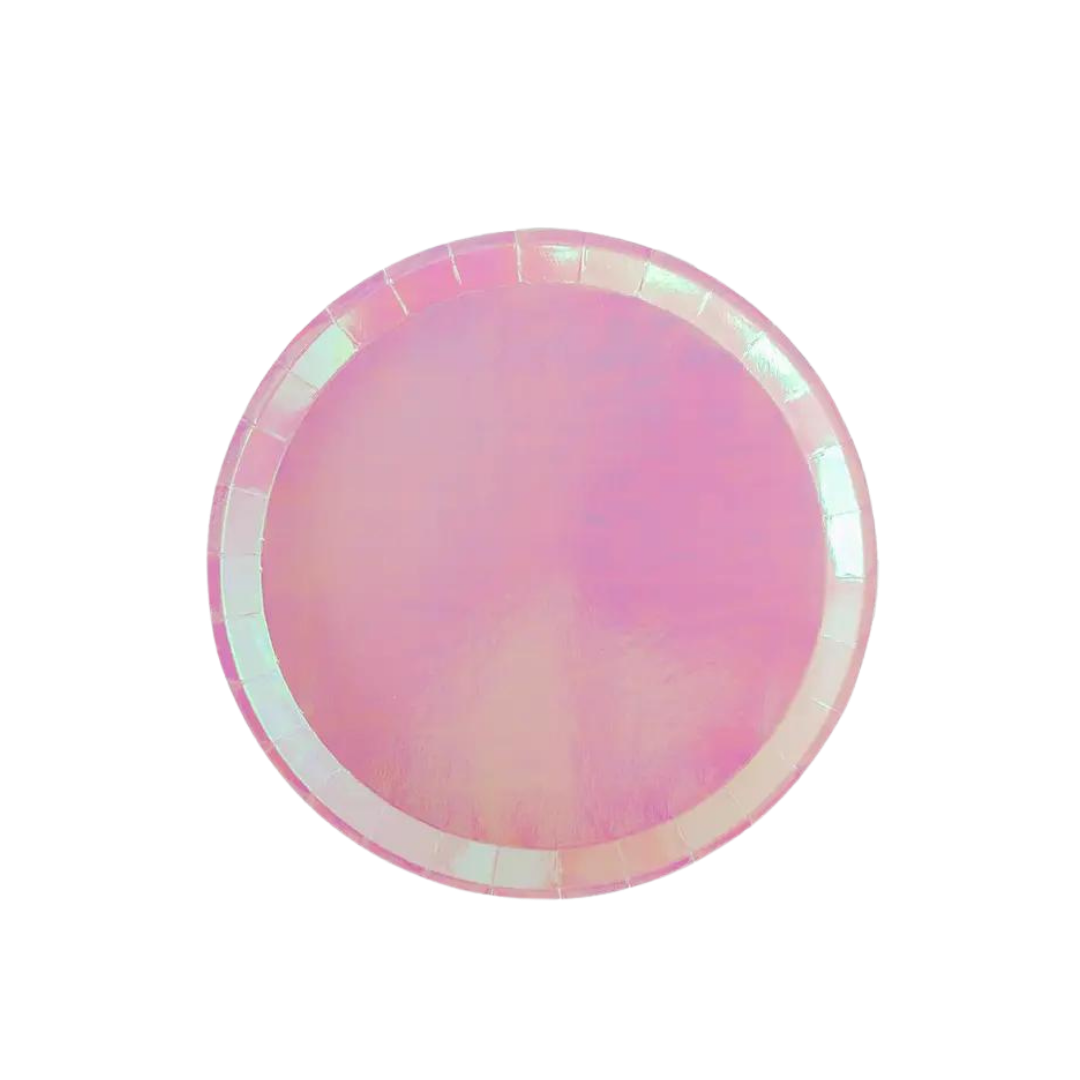 Peach iridescent round plate with glossy finish birthday dining from Parte Haus party supply store in Bethesda MD