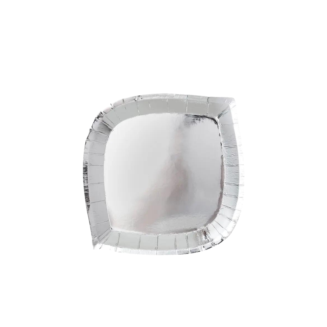 Silver dinner plate modern square shape for celebrations from Parte Haus party supply store in Bethesda MD