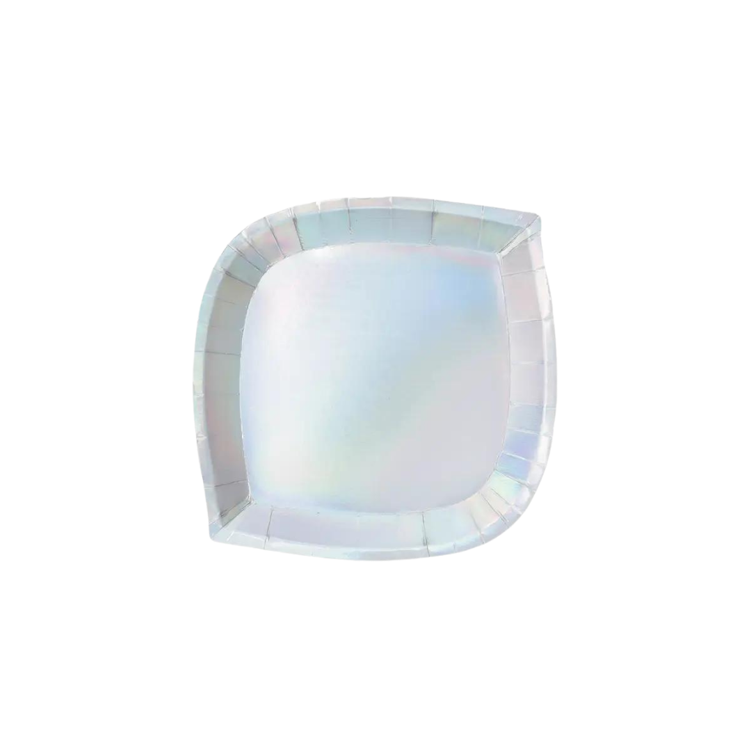 Iridescent dinner plate with modern curved edges celebration theme from Parte Haus party supply store in Bethesda MD