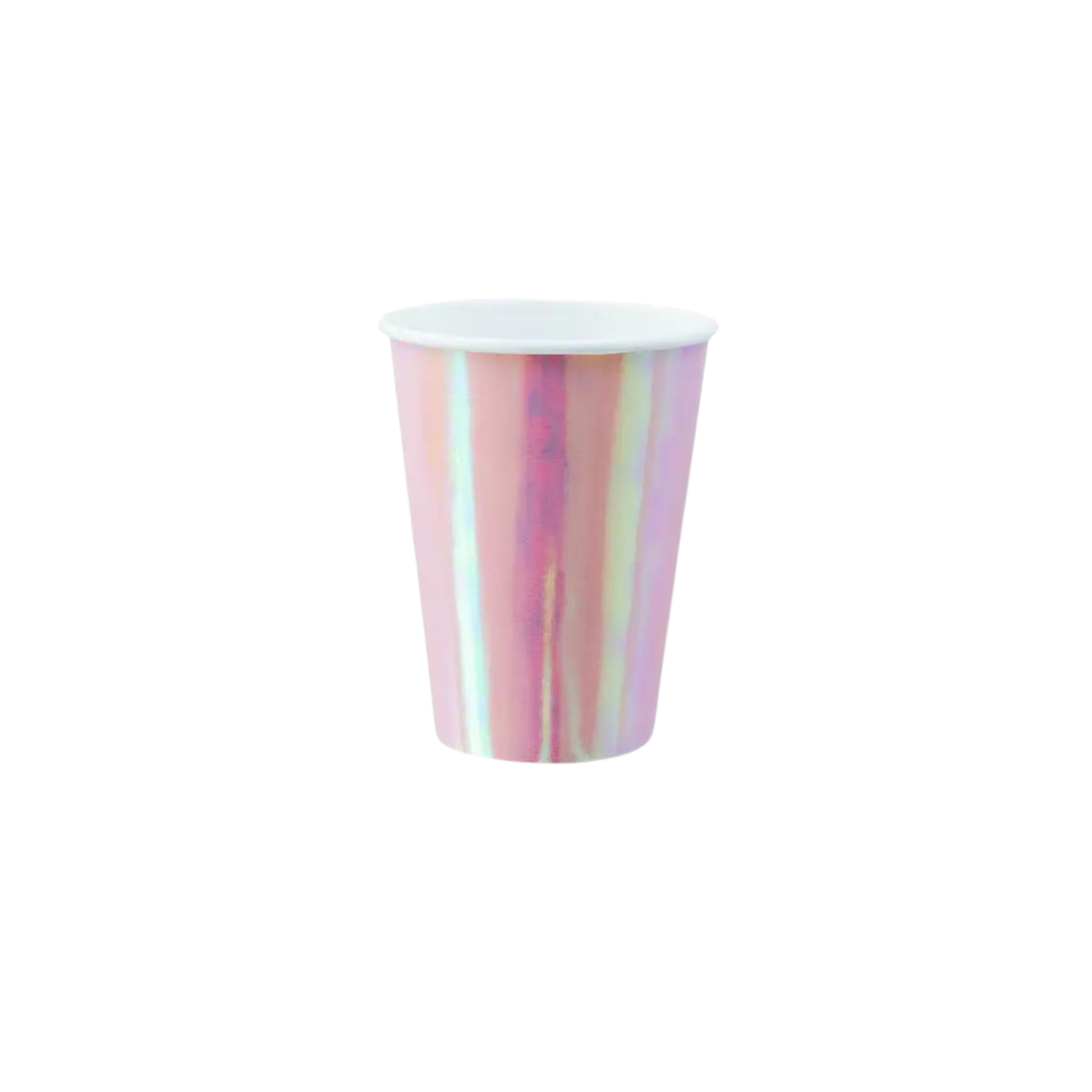 Peach iridescent paper cup with striped shimmer for birthday from Parte Haus party supply store in Bethesda Maryland