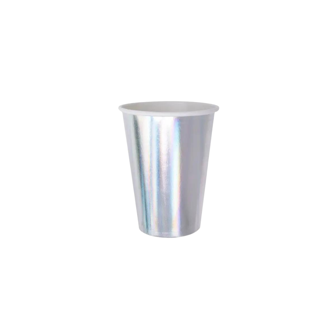 silver iridescent paper cup modern drinkware for birthday or celebration from Parte Haus party supply store in Bethesda MD