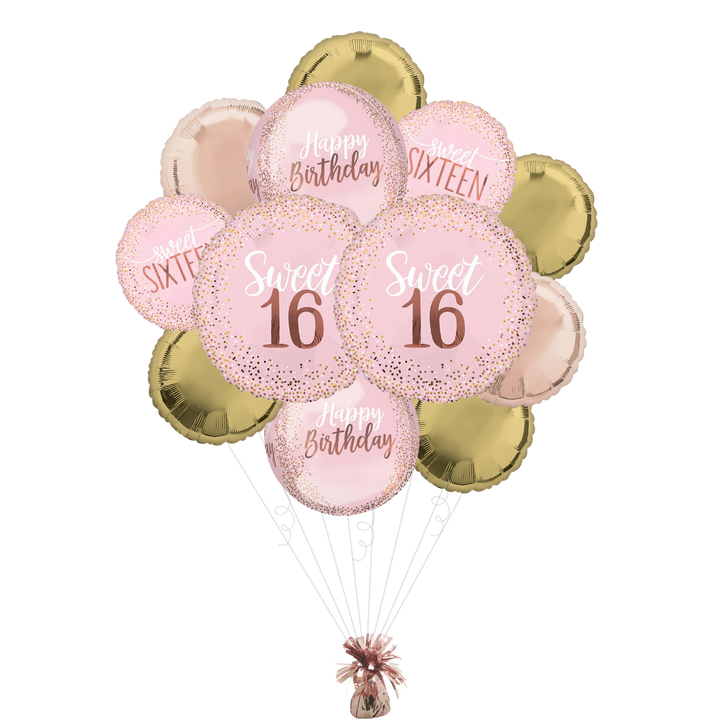 Blush Pink & Gold Sweet 16 Birthday Foil Balloon Bundle