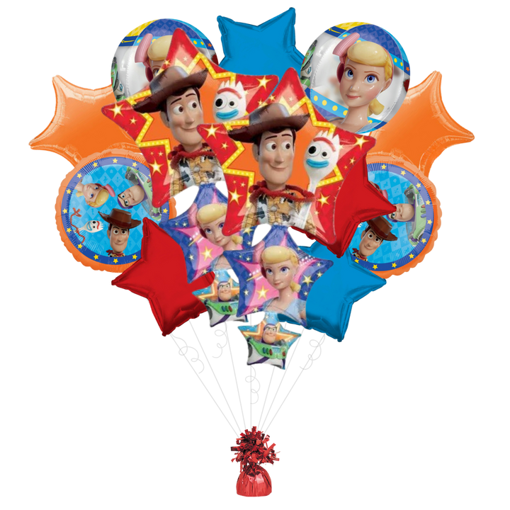 colorful Toy Story foil balloon bouquet with star and round shapes birthday theme from Parte Haus party supply store in Bethesda MD