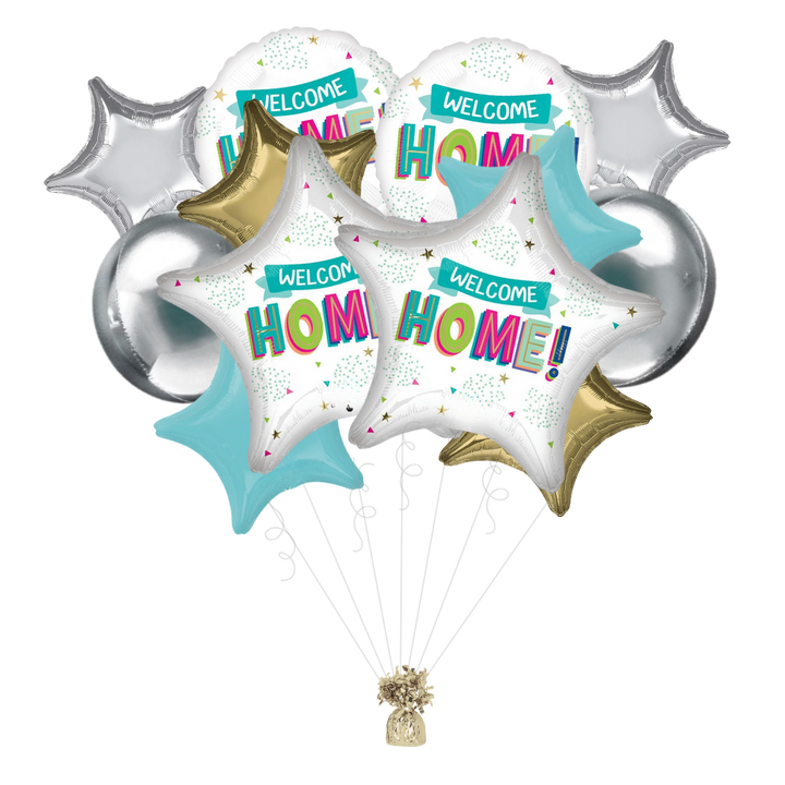 Colorful foil balloon bouquet with Welcome Home text for homecoming celebration from Parte Haus party supply store in Bethesda MD.