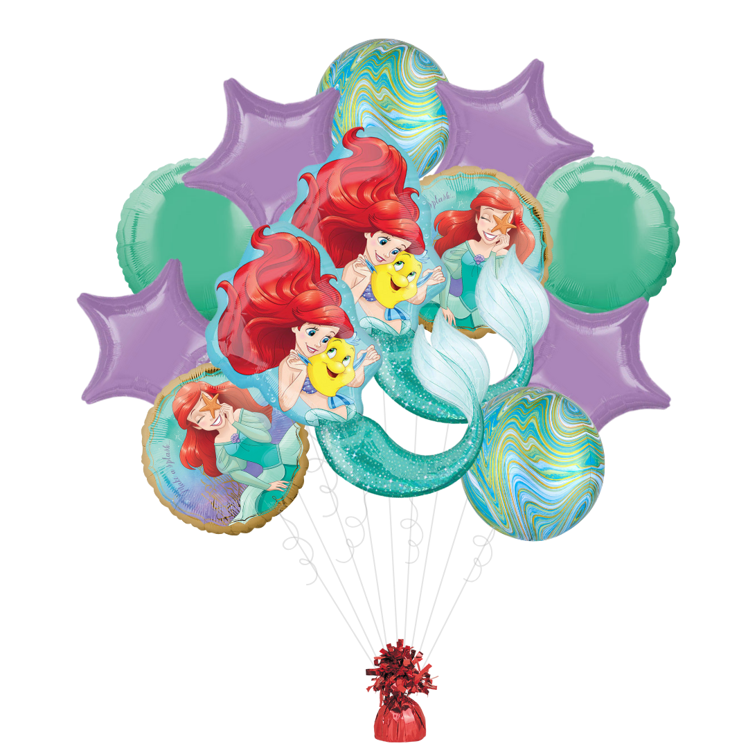 Colorful Ariel balloon bouquet featuring The Little Mermaid theme birthday from Parte Haus party supply store in Bethesda Maryland