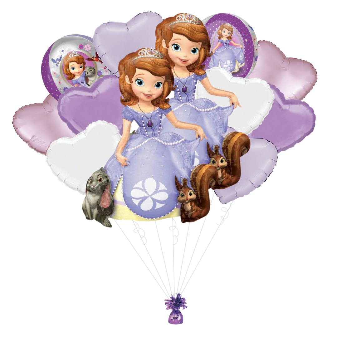 Purple Sofia the First balloon bouquet with heart shapes for princess birthday from Parte Haus party supply store in Bethesda MD