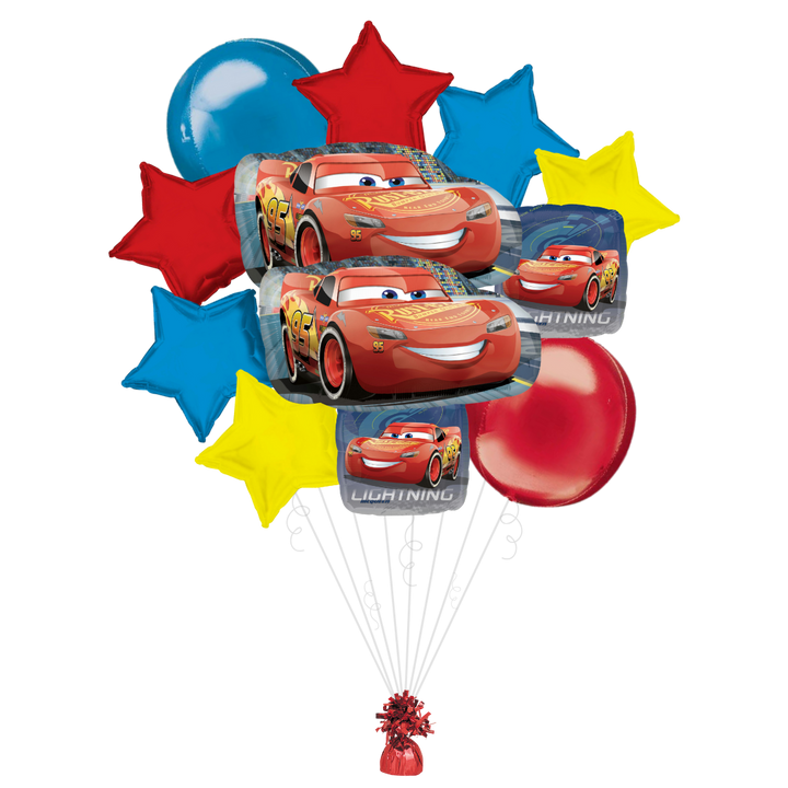 Red yellow blue Cars foil balloon bouquet for kids birthday from Parte Haus party supply store in Bethesda MD