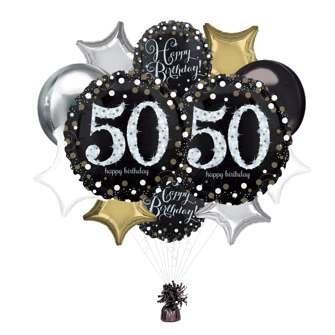 Black silver and gold foil balloon bouquet with 50th birthday design from Parte Haus party supply store in Bethesda MD.