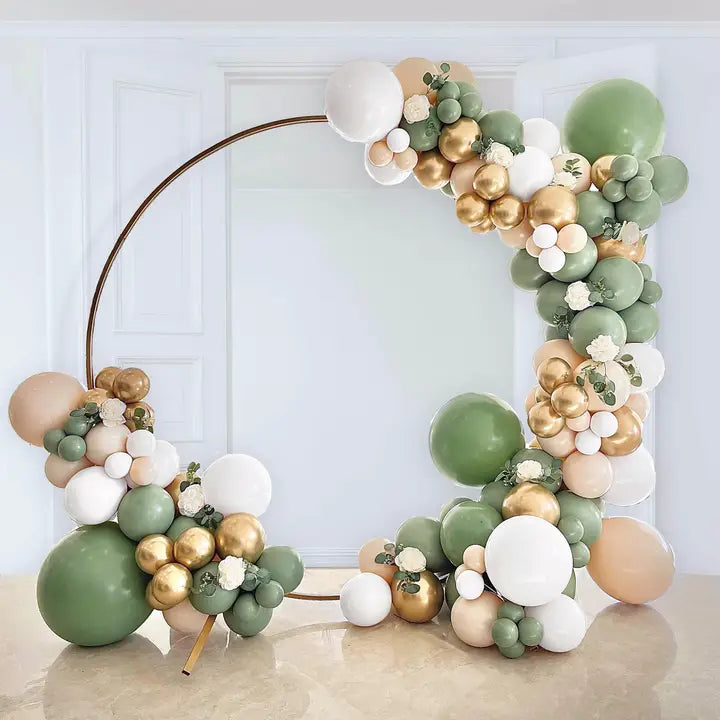 Sage gold and white balloon arch kit with floral accents for boho safari theme from Parte Haus party supply store in Bethesda Maryland