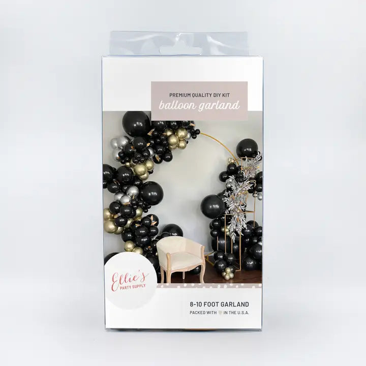 Black gold and silver balloon arch kit elegant balloon garland decoration for celebrations from Parte Haus party supply store in Bethesda Maryland