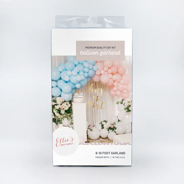 Blue and pink balloon garland gender reveal kit with floral accents from Parte Haus party supply store in Bethesda Maryland