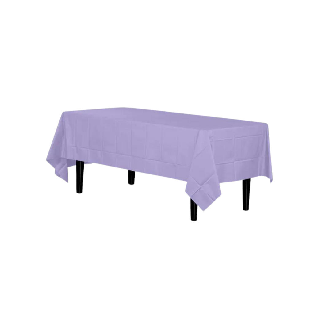 Lavender plastic tablecloth rectangular table decor for events from Parte Haus party supply store in Bethesda MD