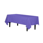 Premium purple disposable plastic tablecloth covering rectangular table birthday from Parte Haus party supply store in Bethesda Maryland