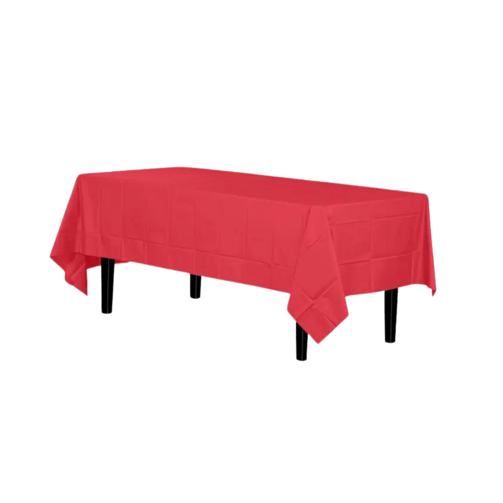 Premium red disposable plastic tablecloth rectangle for celebrations from Parte Haus party supply store in Bethesda MD
