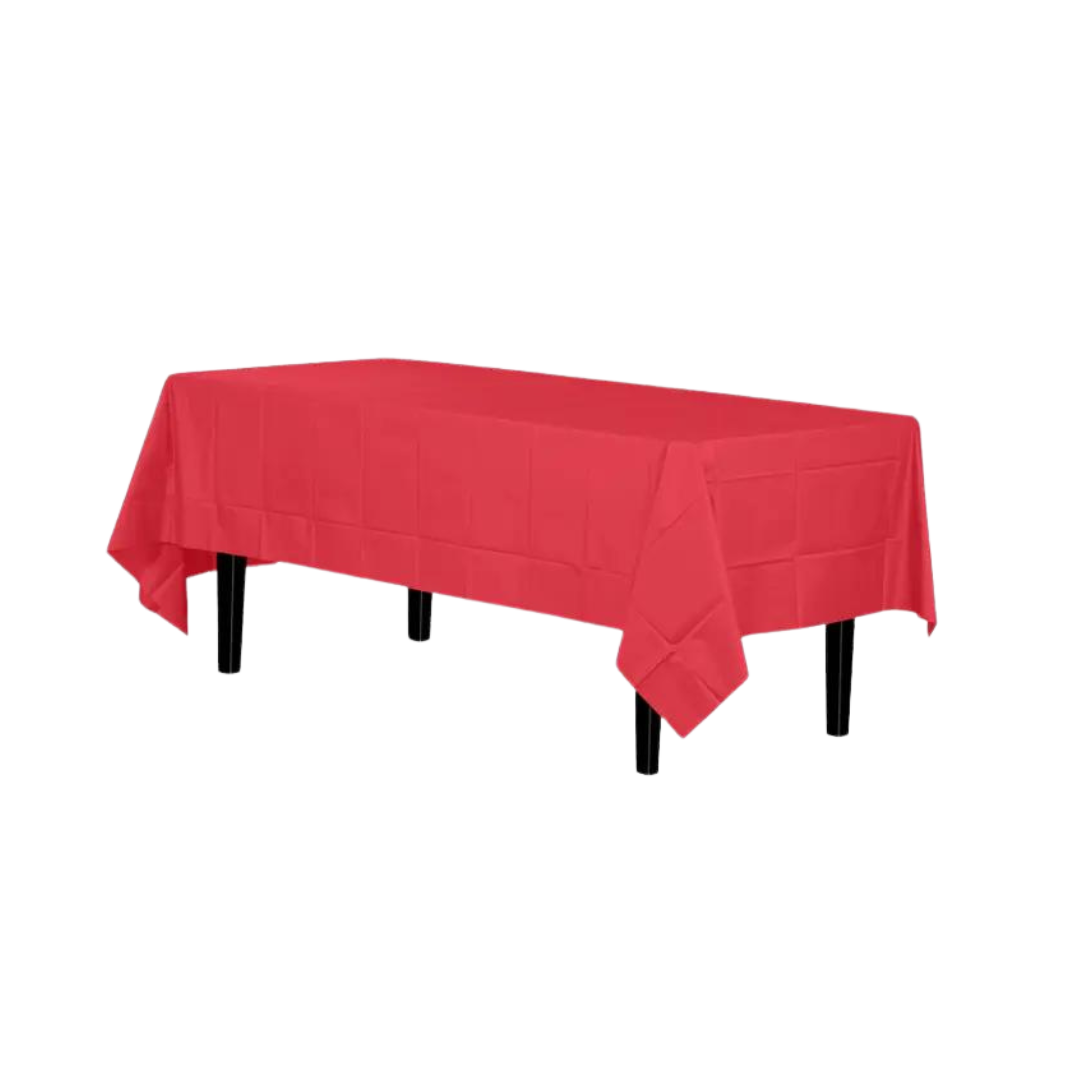 Premium red disposable plastic tablecloth rectangle for celebrations from Parte Haus party supply store in Bethesda MD