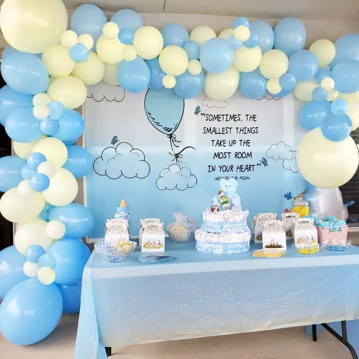 Blue and cream balloon arch kit with teddy bear baby shower theme from Parte Haus party supply store in Bethesda MD