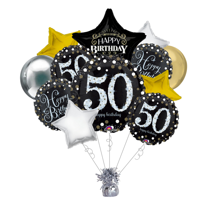 Premium Sparkling Celebration 50th Birthday Foil Balloon Bundle with Balloon Weight