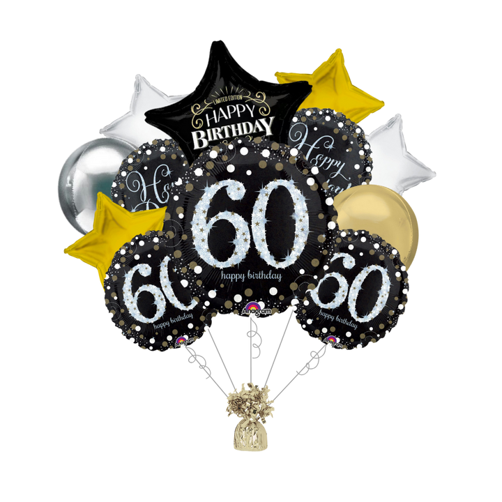 Premium Sparkling Celebration 60th Birthday Foil Balloon Bundle with Balloon Weight