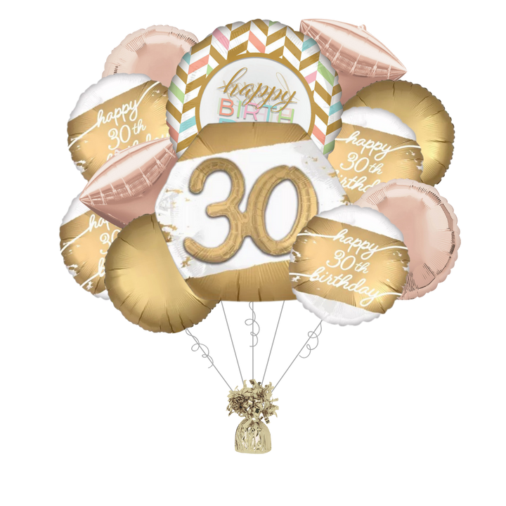 Premium Golden Age 30th Birthday Foil Balloon Bundle with Balloon Weight, 13pc