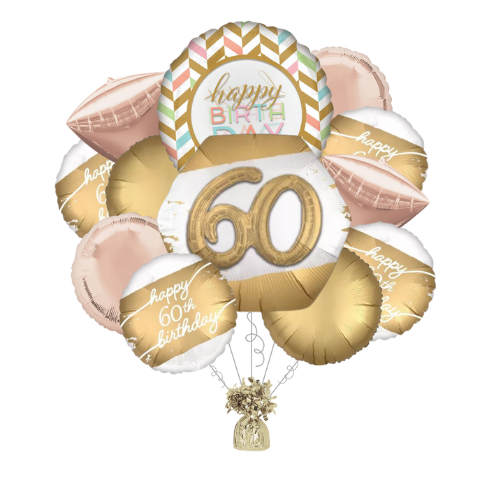 Premium Golden Age 60th Birthday Foil Balloon Bundle with Balloon Weight