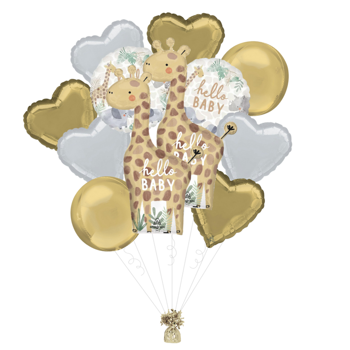 Gold and white balloon bouquet with giraffes and hello baby message jungle baby shower from Parte Haus party supply store in Bethesda Maryland