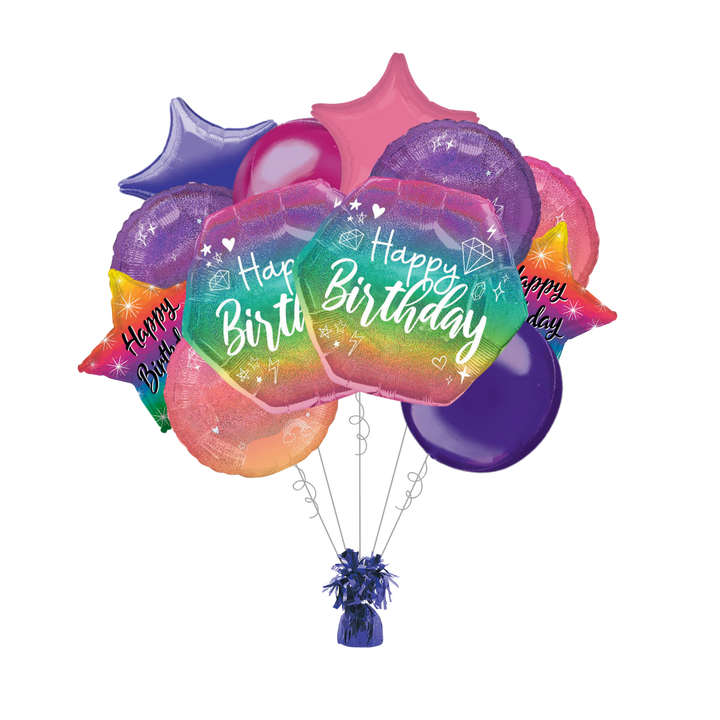 Premium Ombre Sparkle Birthday Foil Balloon Bundle with Balloon Weight