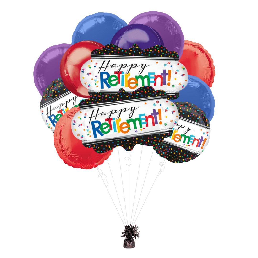 Colorful retirement balloons with confetti border for retirement celebration from Parte Haus party supply store in Bethesda MD.