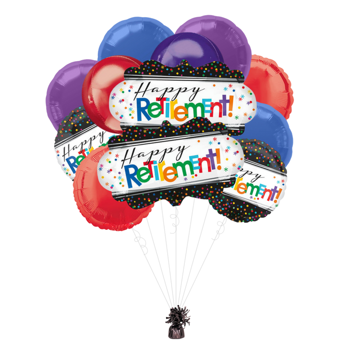 Colorful retirement balloons with confetti border for retirement celebration from Parte Haus party supply store in Bethesda MD.