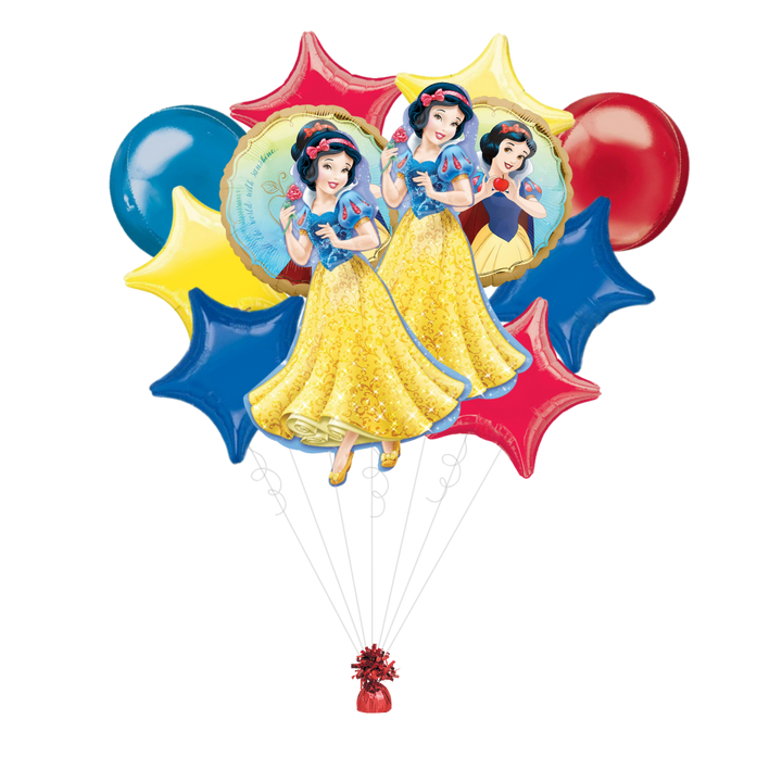 Colorful Snow White balloon bouquet with stars and character art birthday theme from Parte Haus party supply store in Bethesda MD