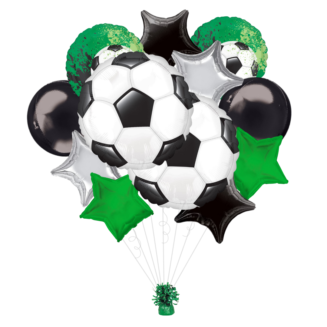Green black and white soccer balloon bouquet for sports birthday from Parte Haus party supply store in Bethesda Maryland
