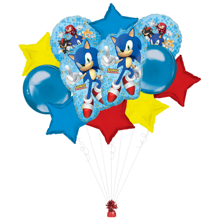 Blue red yellow Sonic the Hedgehog 2 balloon bouquet with characters for kids birthday from Parte Haus party supply store in Bethesda MD