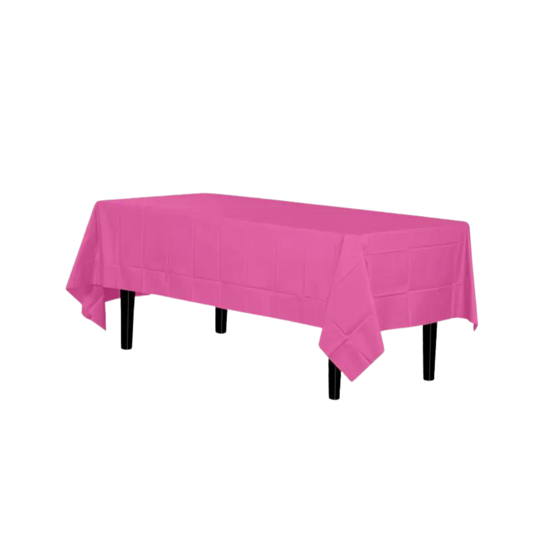 Premium cerise disposable plastic tablecloth covering a rectangular table for celebrations from Parte Haus party supply store in Bethesda MD.