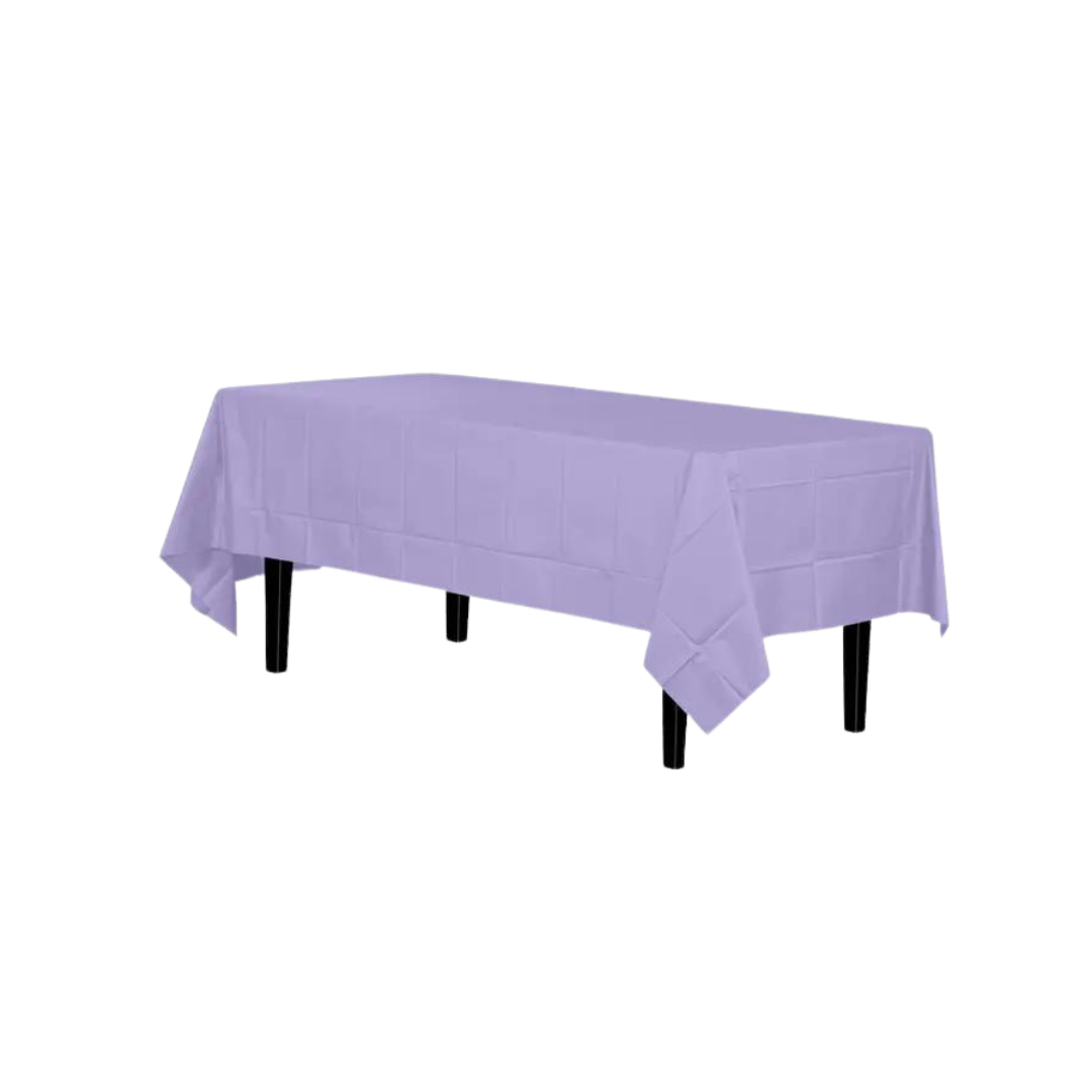 Lavender plastic tablecloth covering a rectangular table for birthdays from Parte Haus party supply store in Bethesda MD.